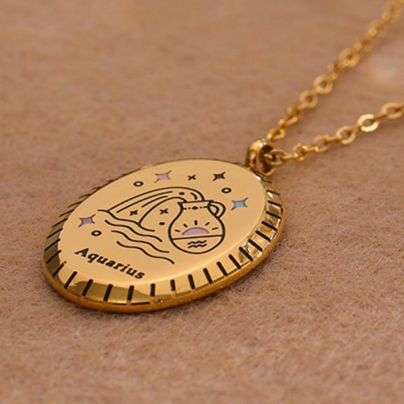 Jewelry - AQUARIUS--NEW 18K Gold Plated Sign Zodiac Oval Pendant Necklace